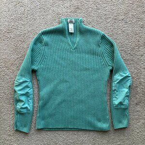 LL Bean Sweater Womens Large V Neck Ribbed Wool Light Green Cotton